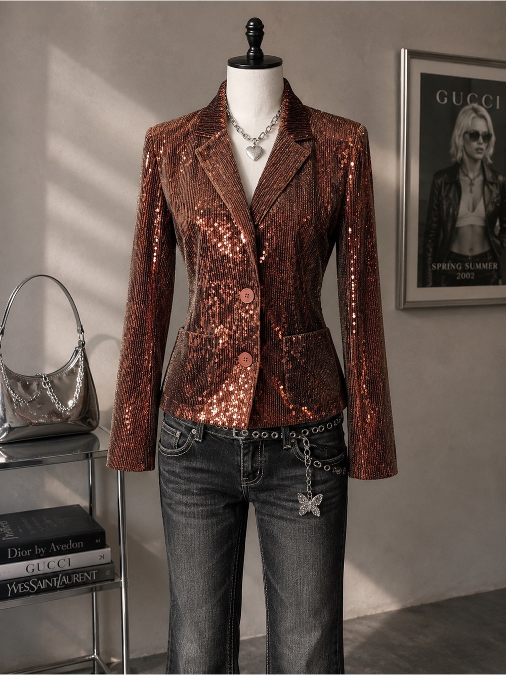 Flat White Anthropologie Disco Sequin Blazer XS Bronze Brown Party Cocktail